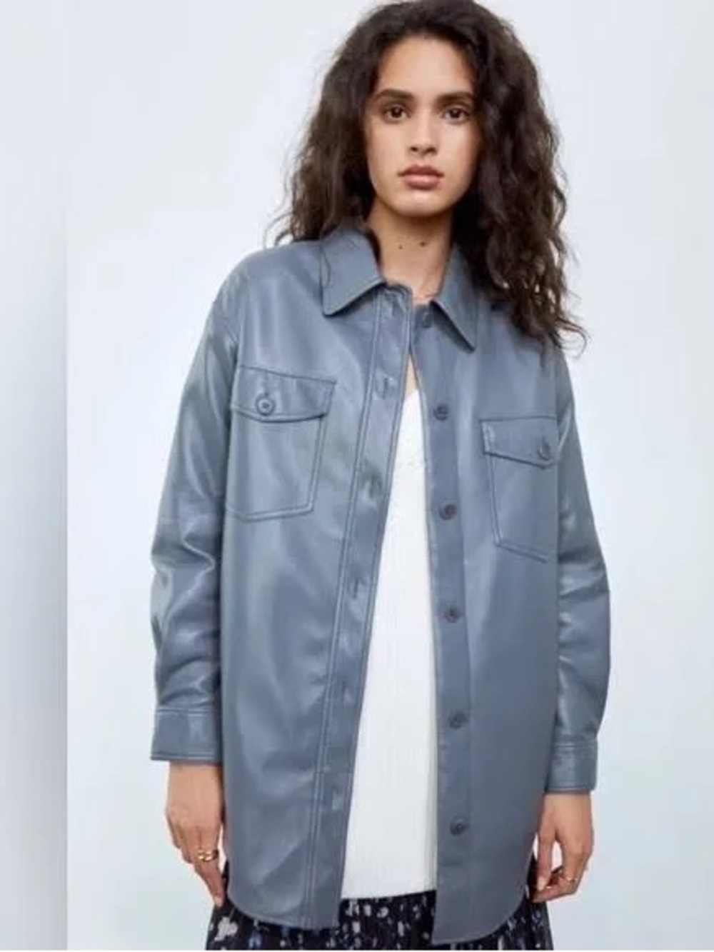 Aritzia Wilfred the Ganna Steel-Blue Faux Leather Shacket